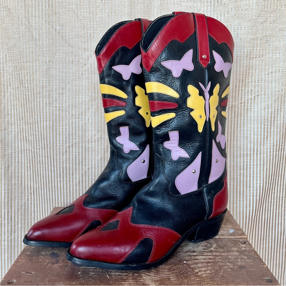 Vintage Acme Colorful Butterfly Inlay Women’s Western Cowboy Boots Size 8